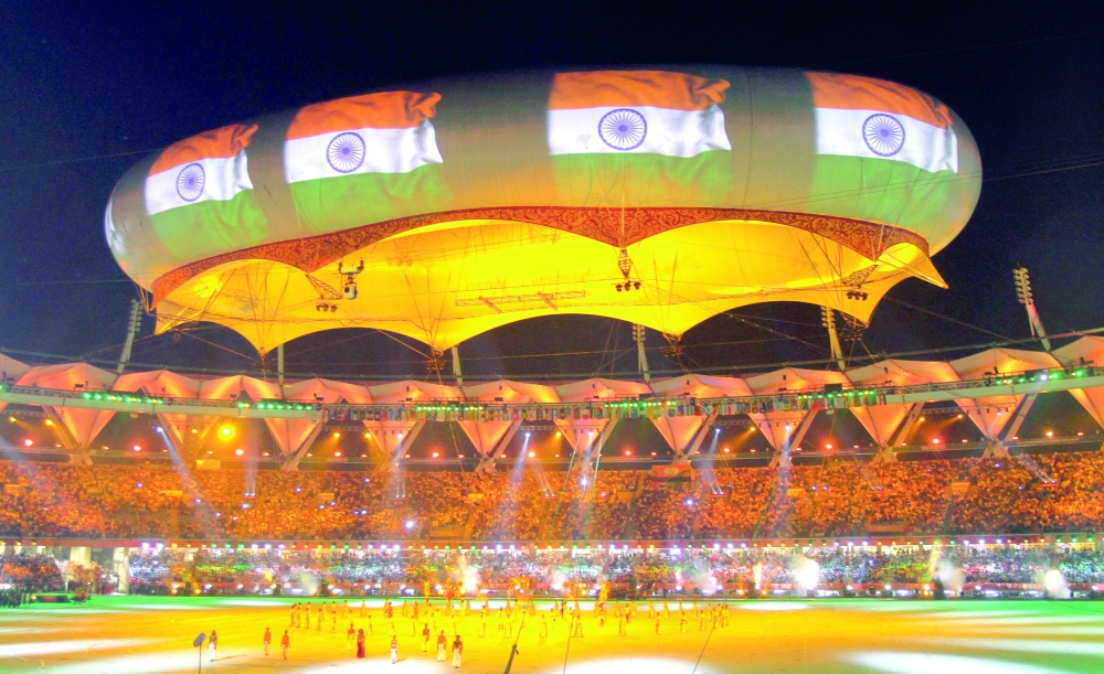 The Indian national flag is projected onto a balloon during the Commonwealth Games closing ceremony at the Jawaharlal Nehru stadium in New Delhi on October 14, 2010. -- Reuters