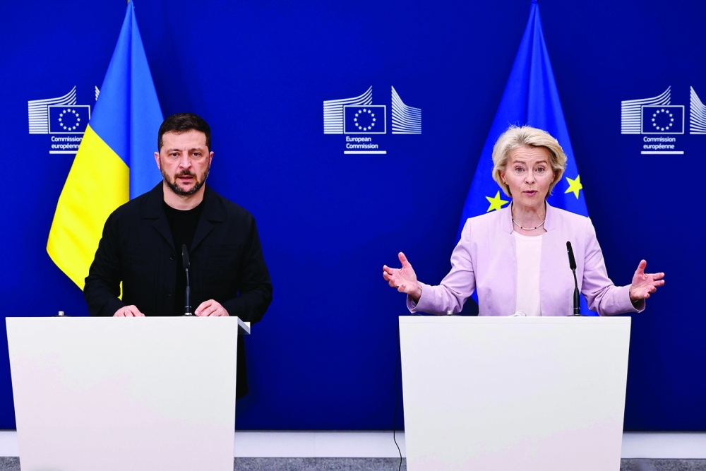 Ukraine's President Volodymyr Zelensky (L) and European Commission President Ursula von der Leyen attend a joint press conference in Brussels. — AFP