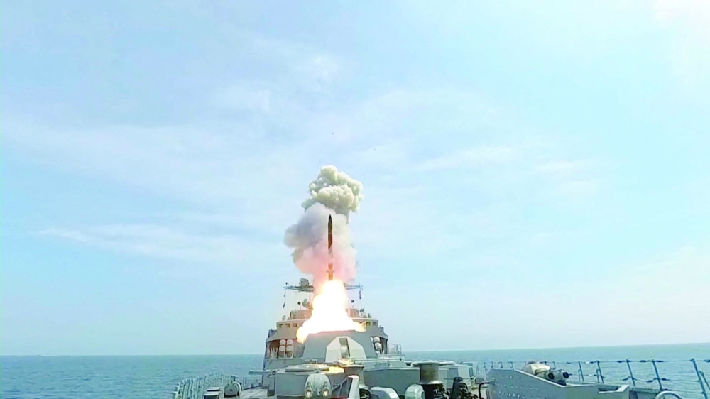 Russian frigate Marshal Shaposhnikov fires an anti-ship cruise missile during drills in the Sea of Japan
