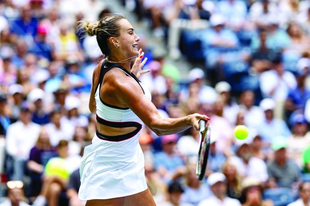 Aryna Sabalenka of Belarus in action against  Rebeka Masarova of Switzerland in the first round of US Open at Arthur Ashe Stadium. — Imagn Images