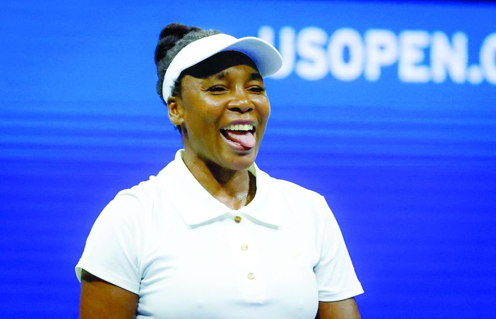 USA's Venus Williams reacts as she plays against Czech Republic's Karolina Muchova during their women's singles first round tennis match on day two of the US Open tennis tournament at the USTA Billie Jean King National Tennis Center in New York City, on August 25, 2025.  (Photo by Kena Betancur / AFP)
