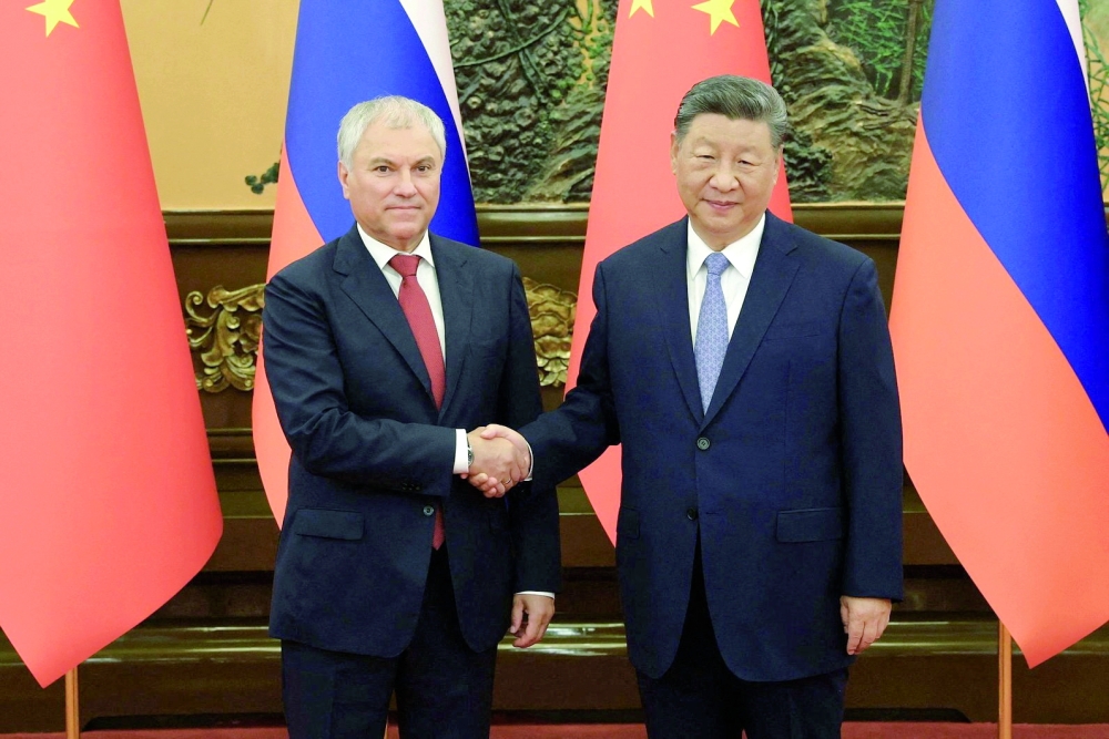 Russian Vyacheslav Volodin shakes hands with President Xi Jinping, in Beijing. — Reuters