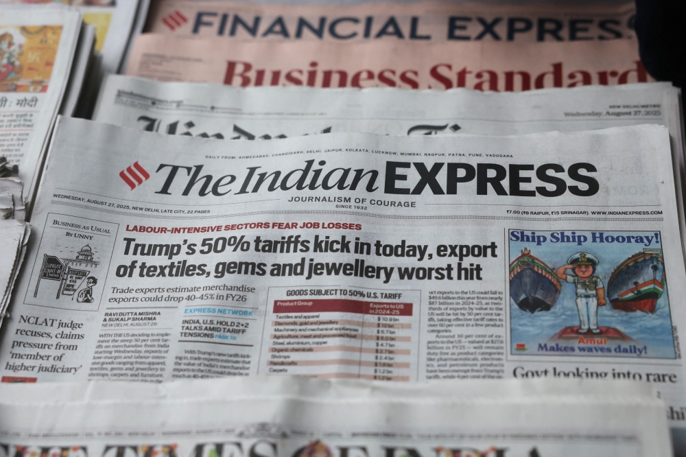 The latest edition of the Indian Express, with the lead story on U.S. tariffs on most Indian goods