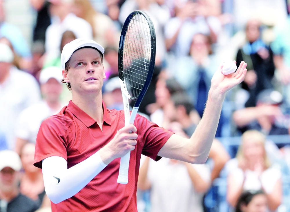 Jannik Sinner (ITA) reacts after beating Alexei Popyrin (AUS) (not pictured) on day five of the 2025 U.S. Open tennis tournament at the USTA Billie Jean King National Tennis Center. — Imagn Images