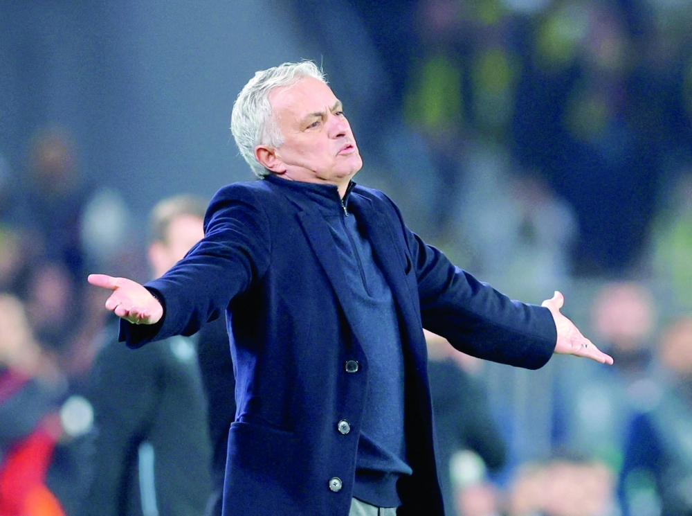 Europa League - Round of 16 - First Leg - Fenerbahce v Rangers - Sukru Saracoglu Stadium, Istanbul, Turkey  - March 6, 2025 Fenerbahce coach Jose Mourinho reacts REUTERS/Murad Sezer/File Photo