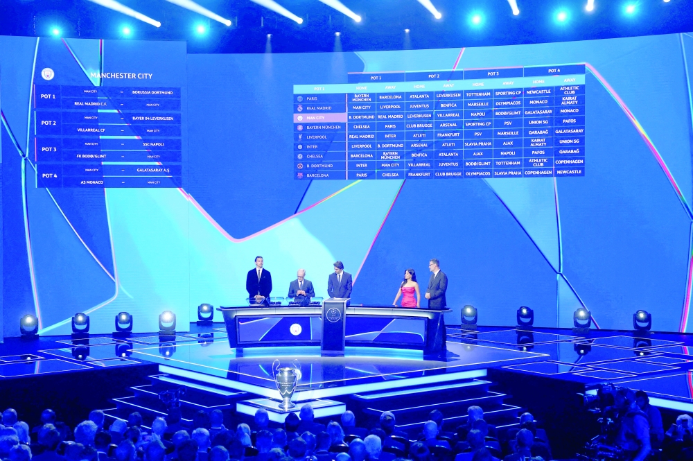 General view of former footballer Zlatan Ibrahimovic, former coach Claudio Ranieri and former player Kaka after Manchester City is drawn. — Reuters