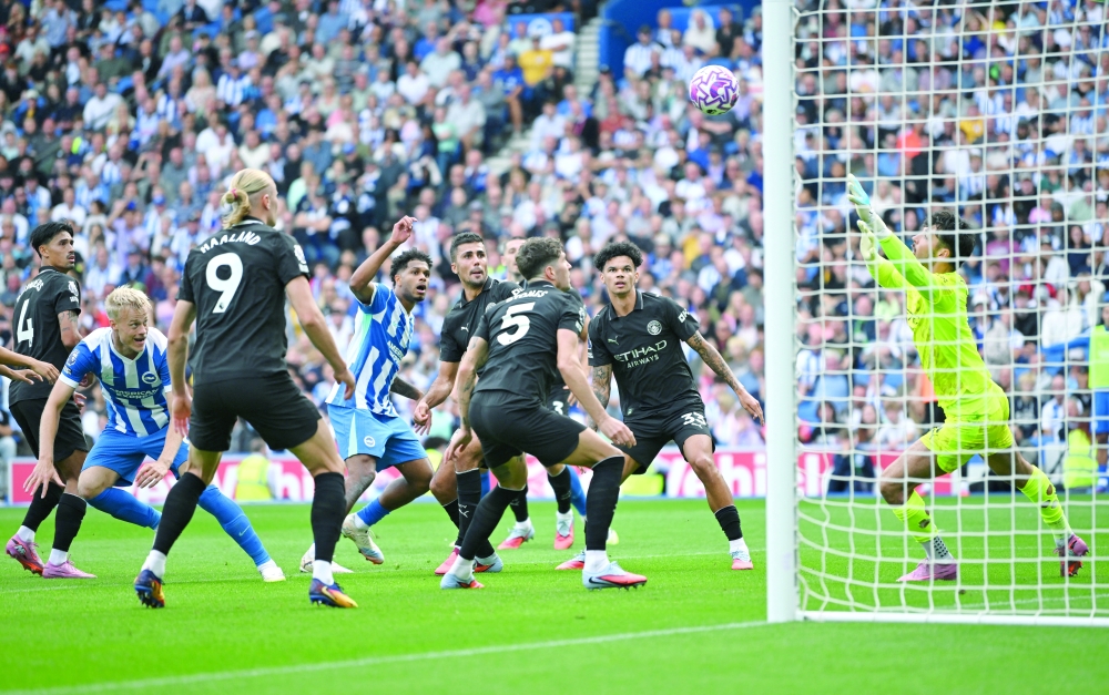 Brighton & Hove Albion's Brajan Gruda scores their second goal against Manchester City at Brighton. — Reuters