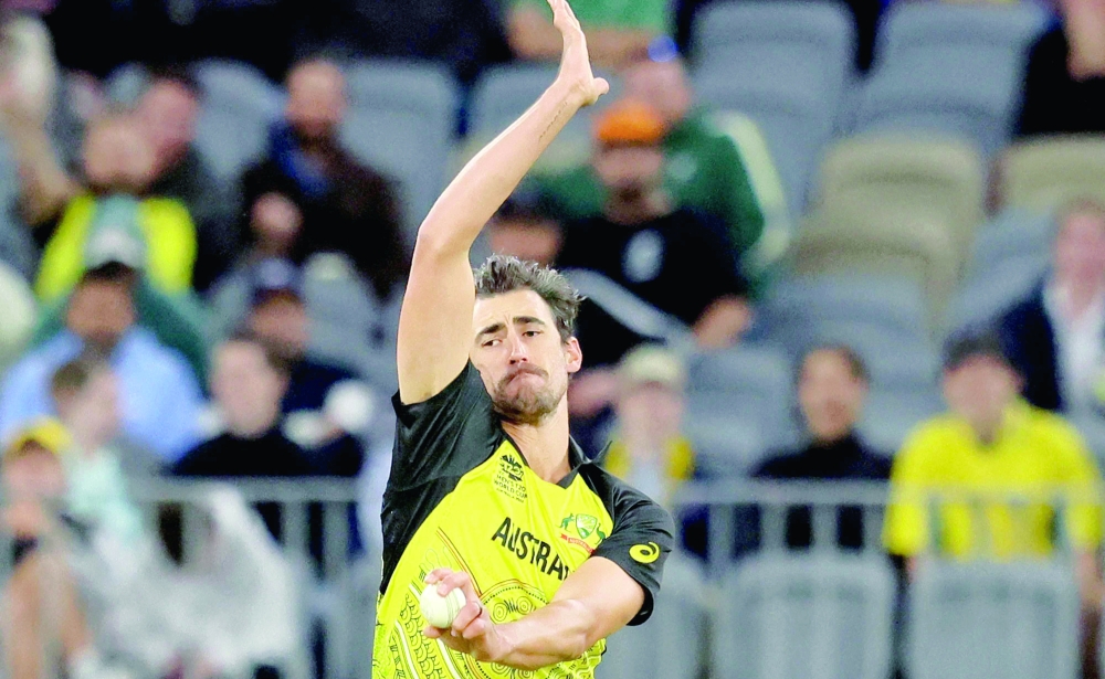 Australia's Mitchell Starc bowling during the ICC men's T20 World Cup 2022 match against Sri Lanka at Perth Stadium. — AFP