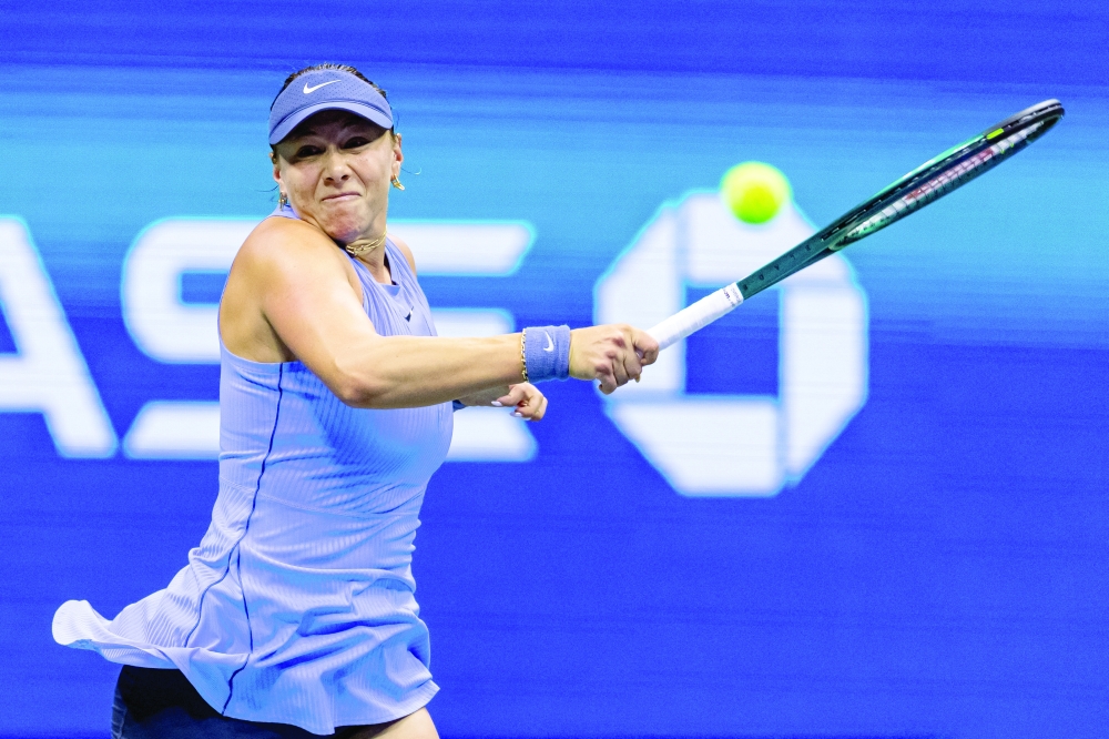 Amanda Anisimova of the United States in action against Naomi Osaka of Japan in the semifinal of the women’s singles at the US Open at Arthur Ashe Stadium in Billie Jean King National Tennis Center. Mandatory Credit: Mike Frey-Imagn Images