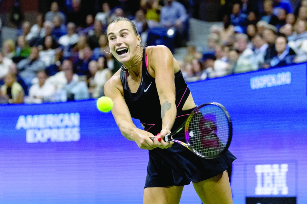 Aryna Sabalenka of Belarus in action against Jessica Pegula of the United States in the semifinal of the women’s singles at the US Open at Arthur Ashe Stadium in Billie Jean King National Tennis Center. Mandatory Credit: Mike Frey-Imagn Images