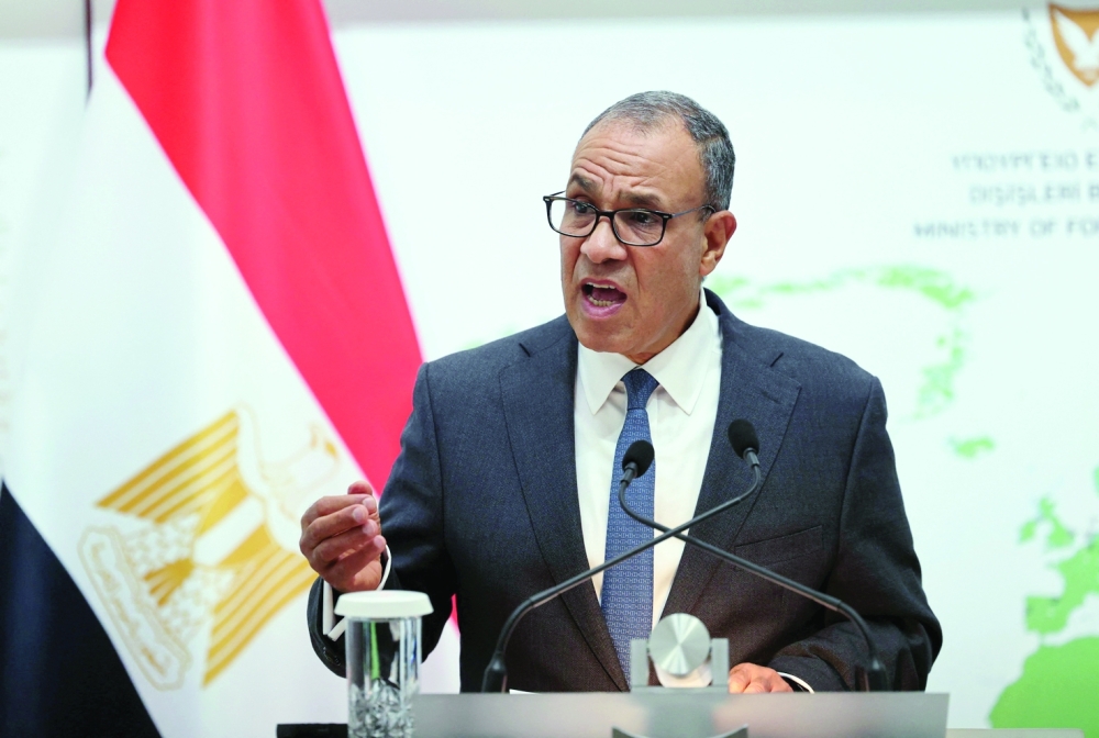 Egyptian Foreign Minister Badr Abdelatty speaks during a press conference at the Foreign Ministry in Nicosia, Cyprus. — Reuters