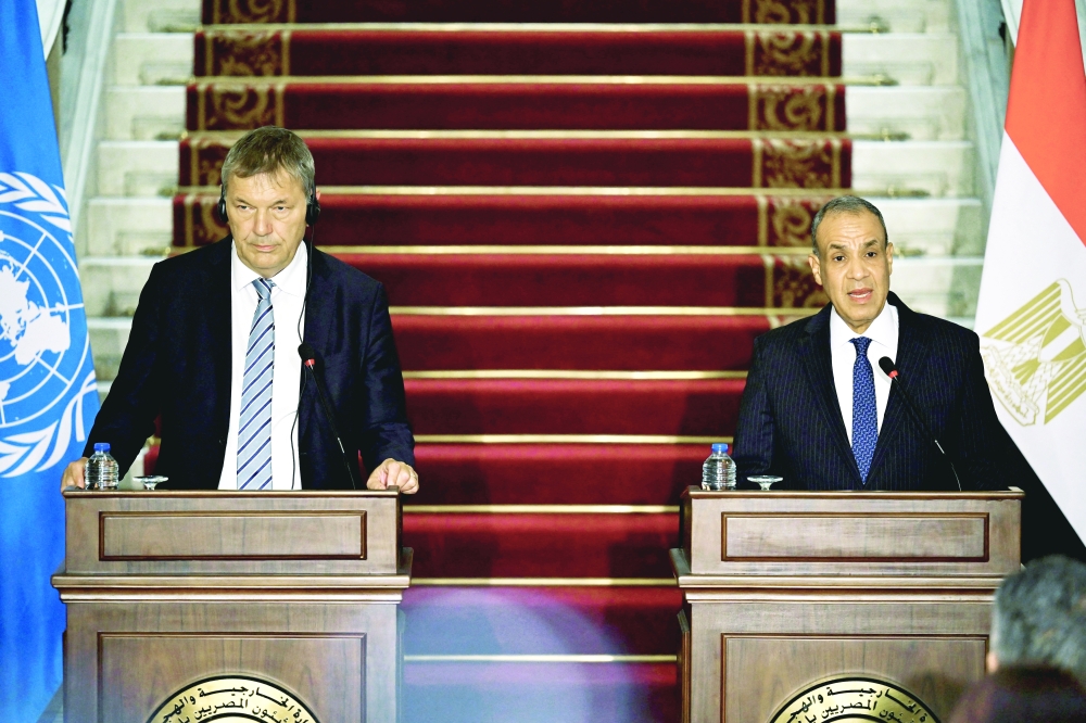 Egyptian Foreign Minister Badr Abdelatty speaks during a press conference with Philippe Lazzarini, Commissioner-General of the UNRWA, in Cairo. — Reuters