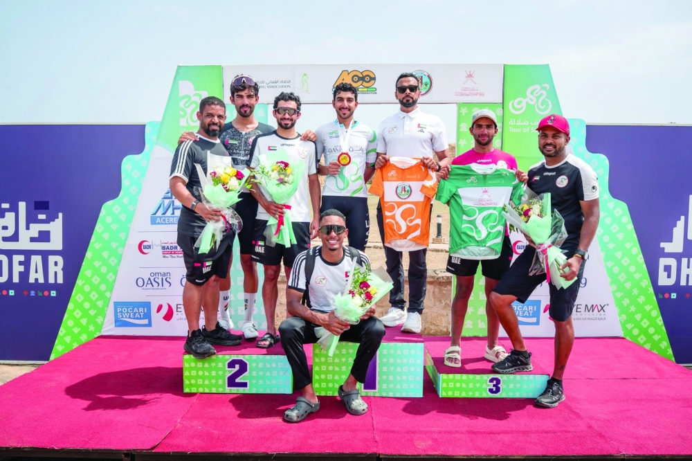 The winners of stage 1 of Salalah International Cycling Tour: Abdullah Jasem UAE national team rider secured first place,  Mathias Bregnhoj of Malaysia’s Terengganu Cycling Team finishing second and Sarawut Sirironnachai of the Thailand national team taking third

