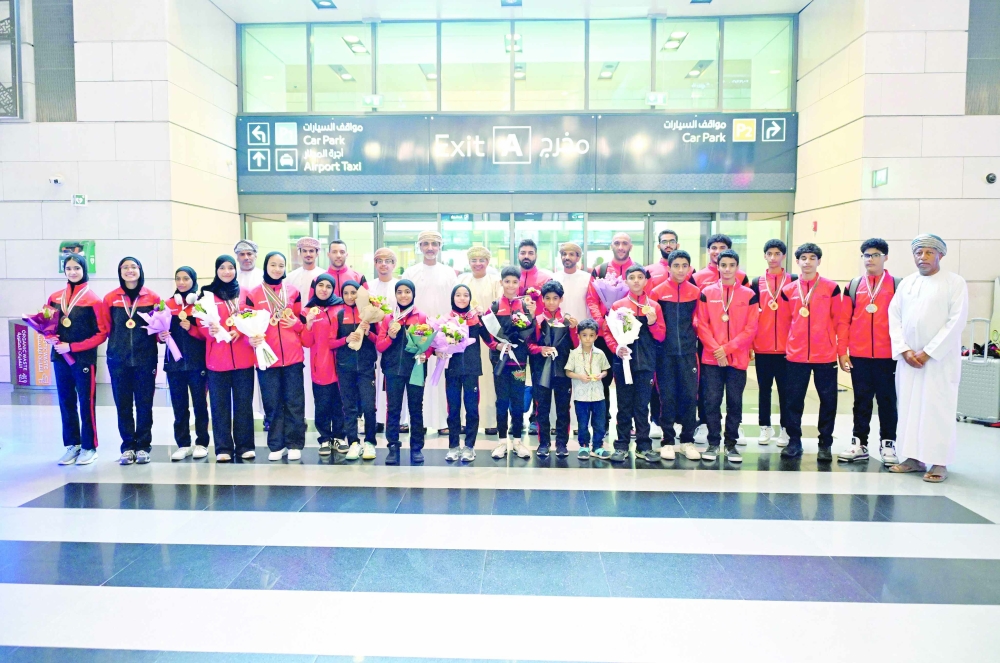 The Oman fencing team given a reception at the Muscat International Airport.