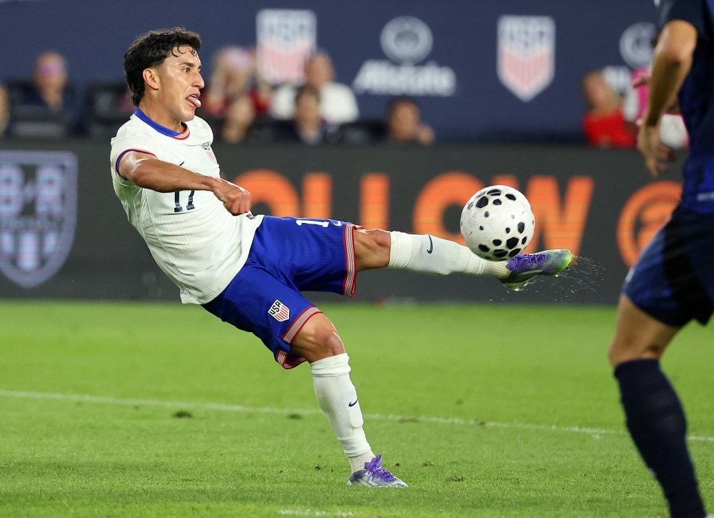Sep 9, 2025; Columbus, Ohio, USA;  US Men's National Team forward Alejandro Zendejas (17) scores a goal during the first half against Japan at Lower.com Field. Mandatory Credit: Joseph Maiorana-Imagn Images