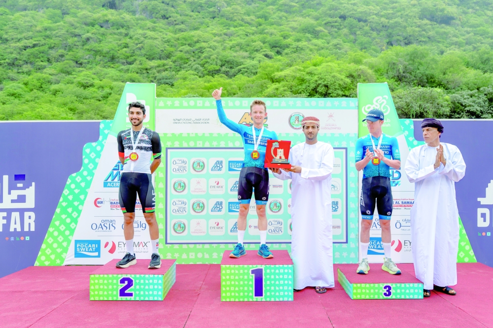 Tour of Salalah winner Adne van Engelen (centre), green jersey winner Abdulla al Ali Jasim and third placed Mathias Bregnhoj on the podium.