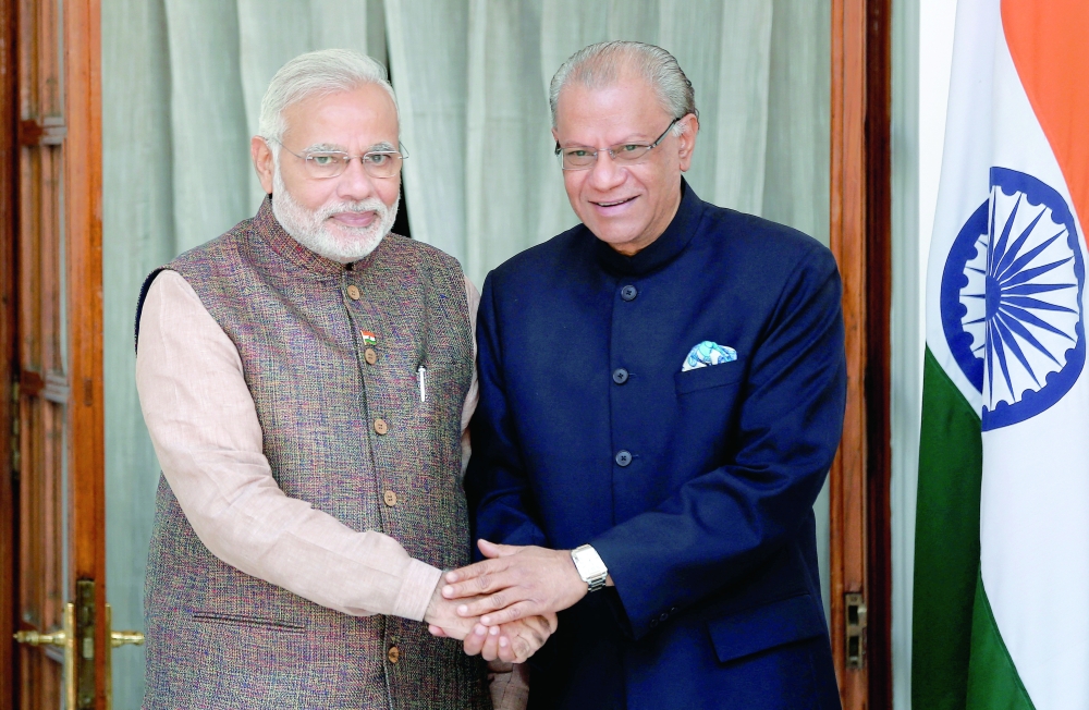 India's Prime Minister Narendra Modi with his Mauritian counterpart Navinchandra Ramgoolam in New Delhi. - Reuters 