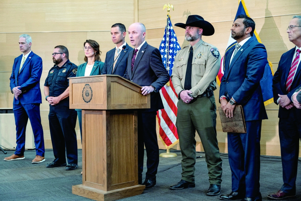 Utah Governor Spencer Cox, with Utah Department of Public Safety Beau Mason, Sheriff Mike Smith and FBI Director Kash Patel, at a press conference announcing details on the suspect in the shooting of Charlie Kirk, who was fatally shot during an event at Utah Valley University, in Orem. — Reuters