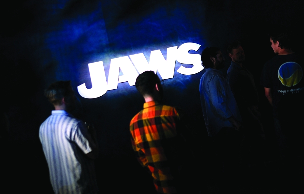 Attendees arrive for a media preview of “Jaws: The Exhibition” at the Academy Museum of Motion Pictures in Los Angeles on September 10, 2025.
