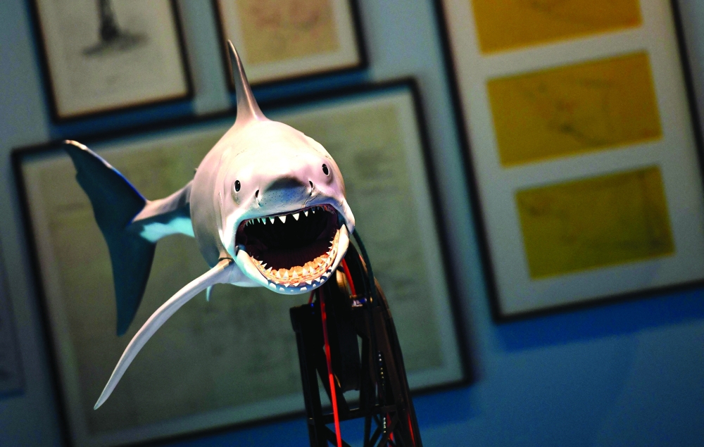 A mechanical shark is on display during a media preview of “Jaws: The Exhibition” at the Academy Museum of Motion Pictures in Los Angeles on September 10, 2025. 