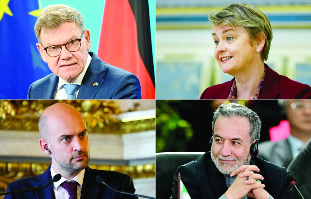 This combination of pictures shows (from top L to down R) Germany's FM Johann Wadephul, Britain's Foreign Secretary Yvette Cooper, France's Minister for Europe and Foreign Affairs Jean-Noel Barrot, and Iran's FM Abbas Araghchi. — AFP