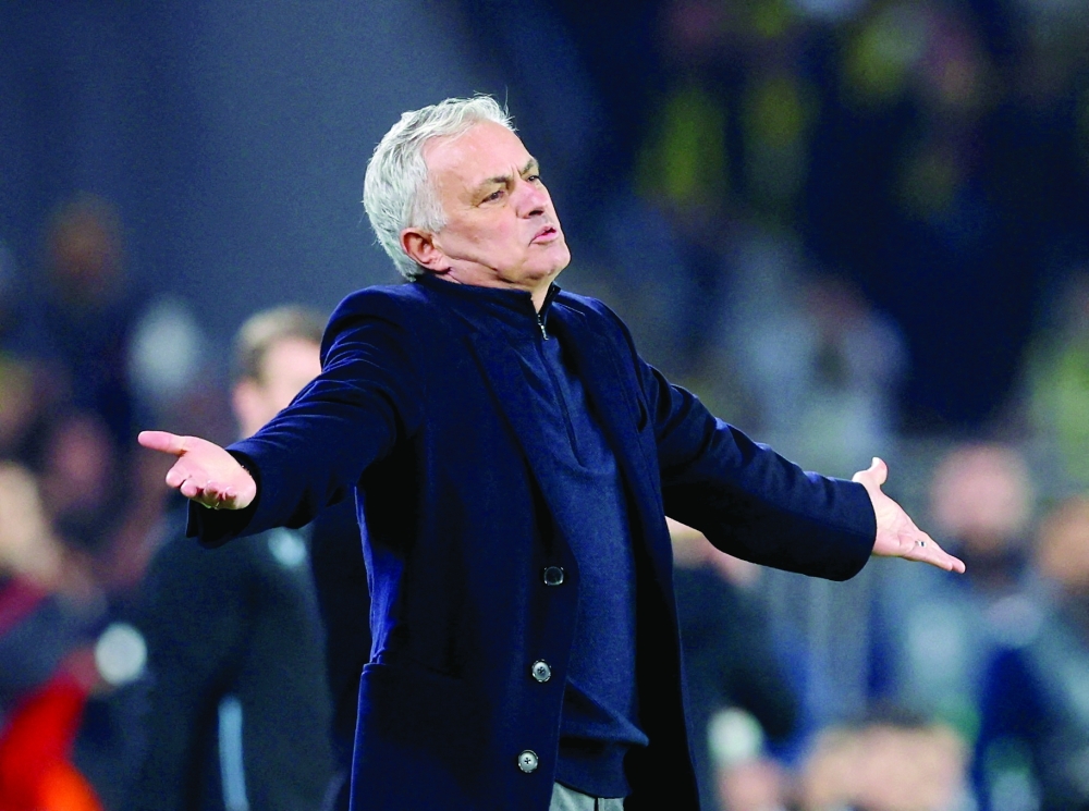 Soccer Football - Europa League - Round of 16 - First Leg - Fenerbahce v Rangers - Sukru Saracoglu Stadium, Istanbul, Turkey  - March 6, 2025 Fenerbahce coach Jose Mourinho reacts REUTERS/Murad Sezer/File Photo