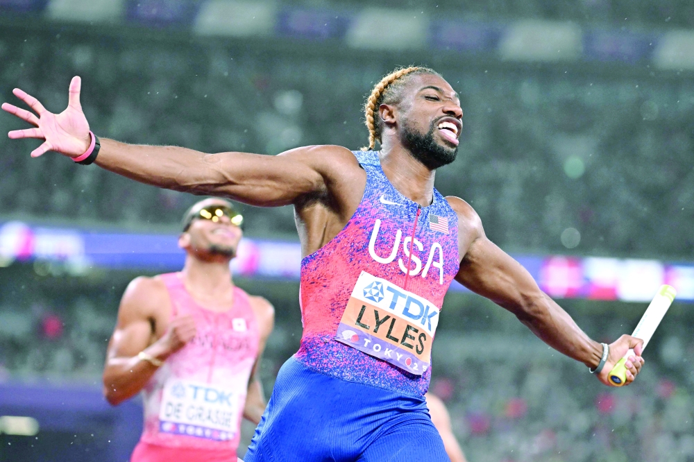 US' Noah Lyles crosses the finish line to win the men's 4x100m relay final during the World Athletics Championships in Tokyo. — Reuters
