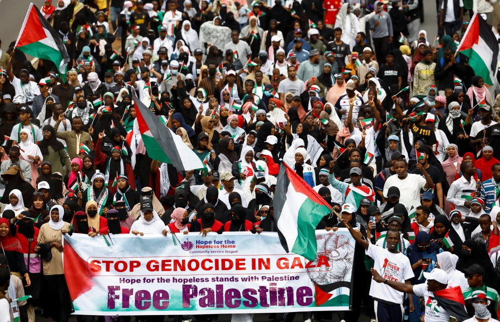People participate in a "Free Palestine" protest in support of Palestinians, in Nairobi, Kenya, September 21, 2025. REUTERS/Thomas Mukoya