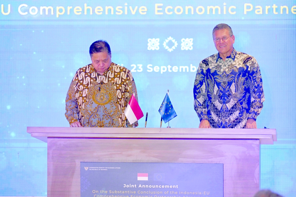 Indonesian Minister of Economic Affairs Airlangga Hartarto (L) and EU Trade Commissioner Maros Sefcovic (R) react after signing a joint announcement, in Bali. — AFP