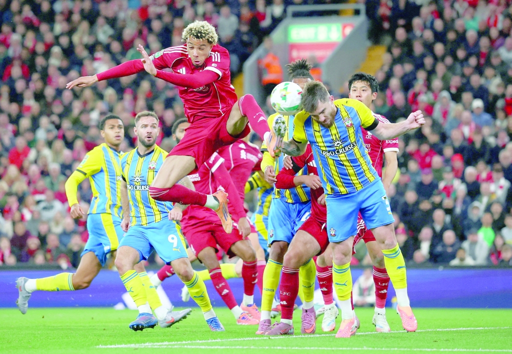 Southampton's Ryan Manning in action with Liverpool's Hugo Ekitike. — Reuters