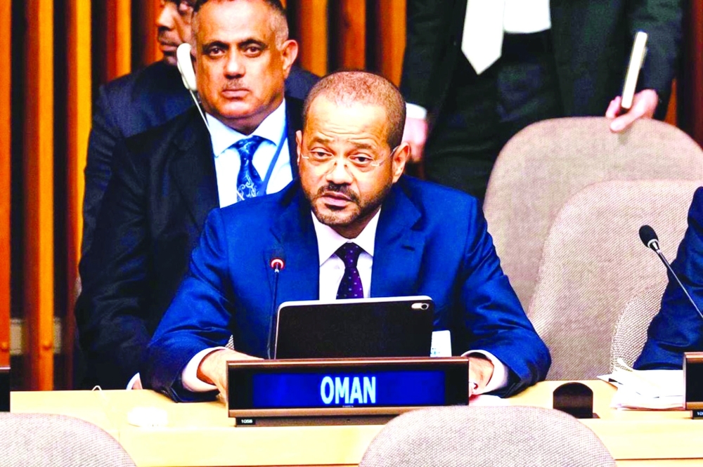 Sayyid Badr bin Hamad Al Busaidi, Minister of Foreign Affairs, delivering Oman's address at the forum. — ONA