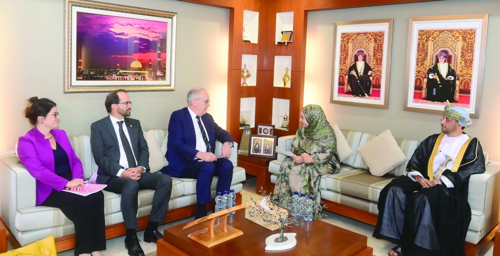 Dr Rahma bint Ibrahim al Mahrouqiyah, Minister of Higher Education, Research and Innovation, discussed with the Swiss guest ways to enhance research cooperation. — ONA