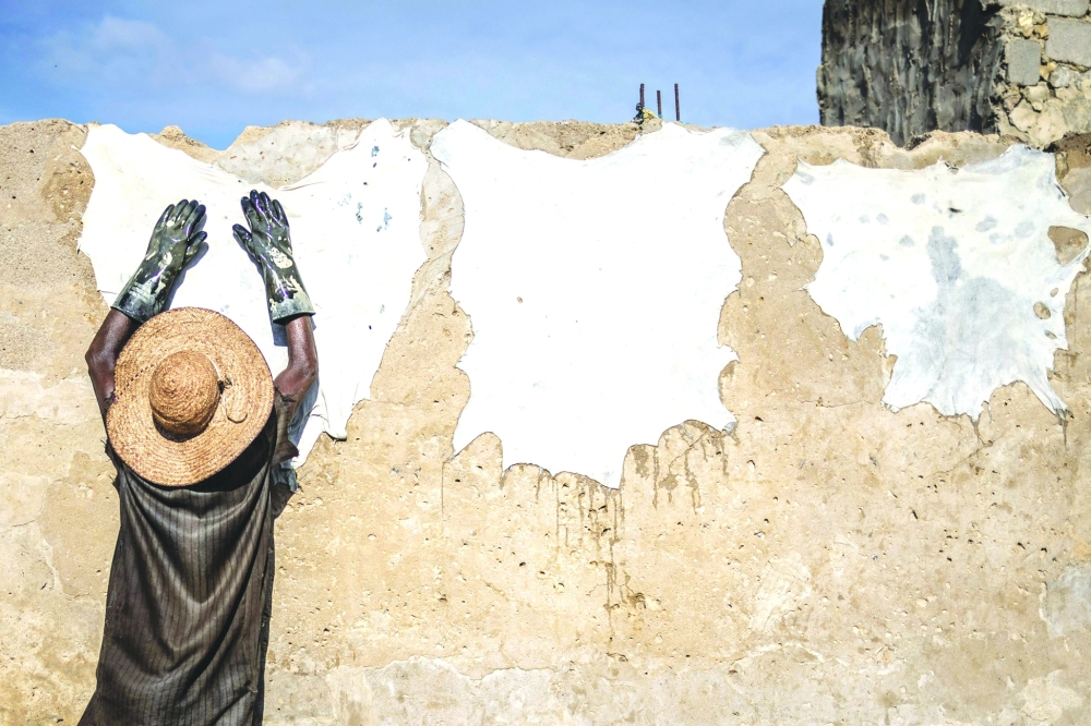 A tanner puts hides to dry on a wall at the Majema traditional tannery in Kofar Wambai neighbourhood in Kano, on September 10, 2025. The historic leather hub, Kano, feeds luxury giants like Louis Vuitton, Gucci, and Ralph Lauren, with Nigeria exporting nearly 90% of its hides abroad. But because the finishing work is done in Europe, the “Made in Nigeria” label vanishes, replaced by “Made in Italy” or “Made in Spain.” Now, some Nigerian designers are trying to reclaim the country’s leather identity by building homegrown brands. 