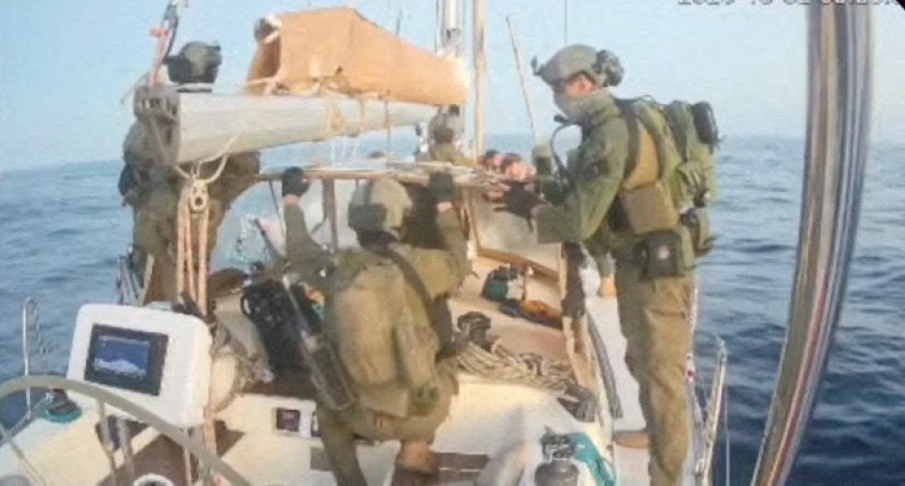 Gaza-bound vessel Oxygono, part of the Global Sumud Flotilla, as they are intercepted by Israeli navy forces