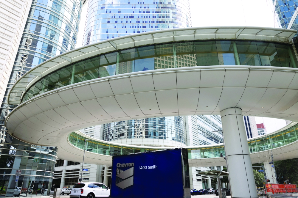 A Chevron logo outside the Chevron building in Houston