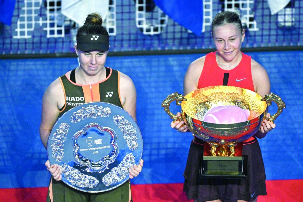 USA's Amanda Anisimova (R) holds his winner's trophy while posing with runner-up Czech Republic's Linda Noskova following their women's singles final at the China Open tennis tournament in Beijing. — AFP