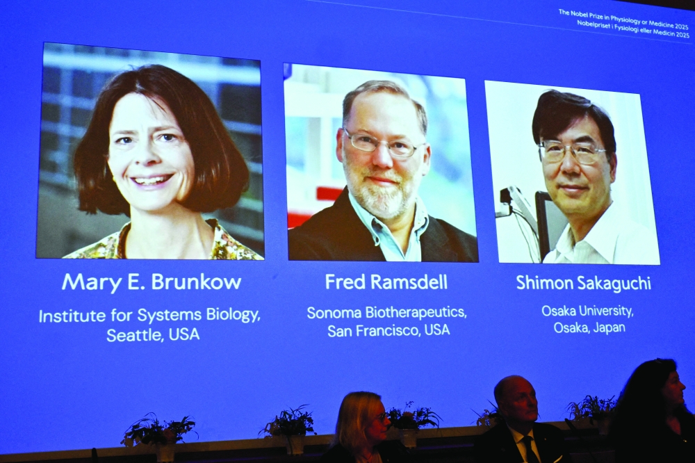 Mary E Brunkow, Fred Ramsdell and Shimon Sakaguchi are awarded this year's Nobel Prize in Medicine. — Reuters 