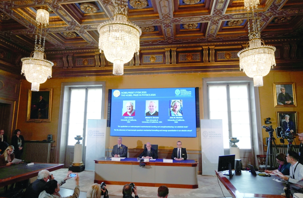 John Clarke, Michel H Devoret and John M Martinis are announced this year's Nobel Prize winners in Physics, in Stockholm. — Reuters