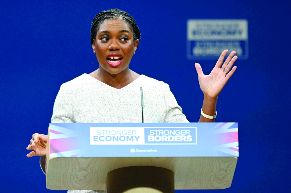 Kemi Badenoch delivers a speech on the final day of the annual Conservative Party conference in Manchester on Wednesday. — AFP