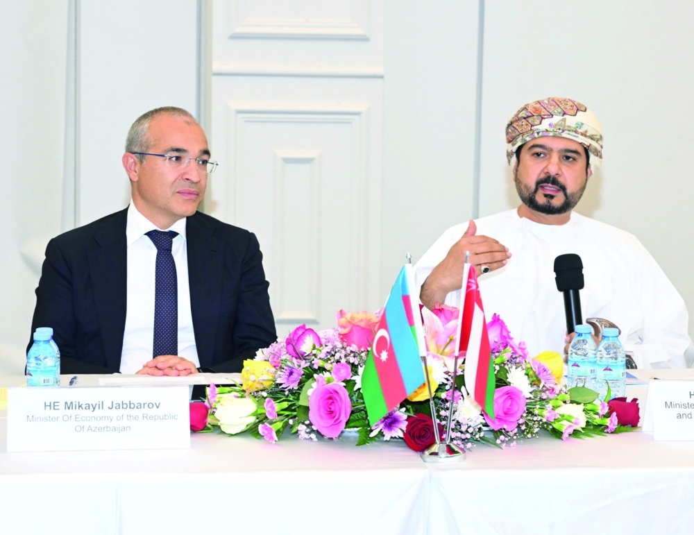 Qais Al Yousef (right), Oman’s Minister of Commerce, Industry and Investment Promotion, is joined by Mikayil Jabbarov, Minister of Economy of Azerbaijan, at the roundtable. 