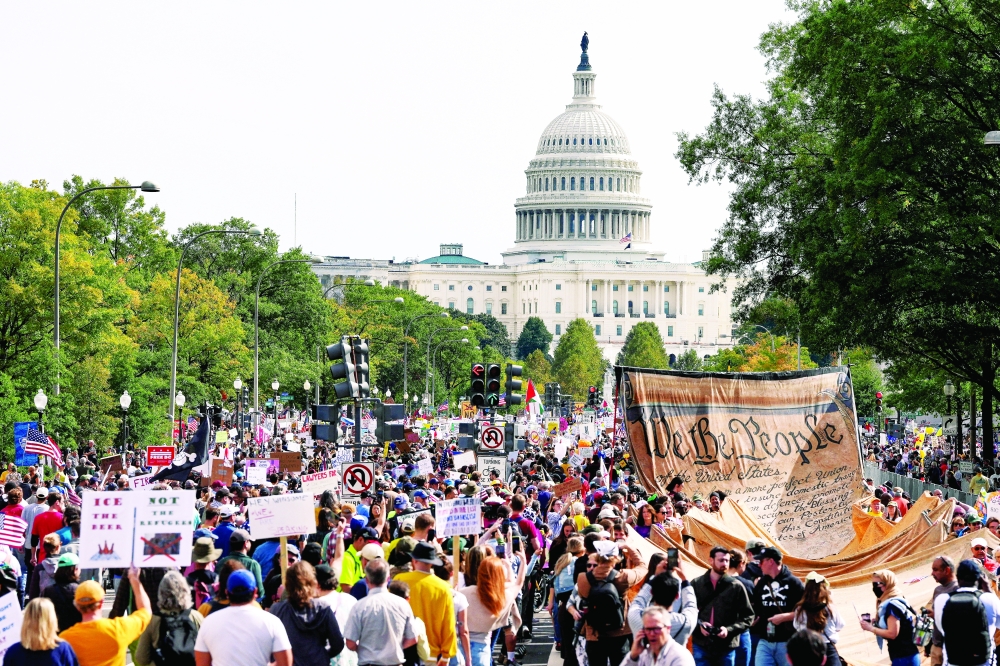Demonstrators gather near the US Capitol building during a "No Kings" protest, in Washington. — Reuters