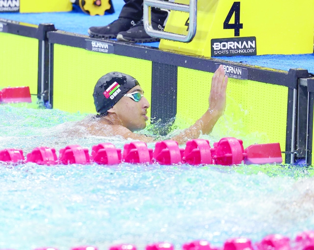 Mohammed al Farsi competed in Heat 1 of the 100m freestyle qualifiers, finishing in third place with a time of 57.74 seconds. — Nawaf al Busaidy