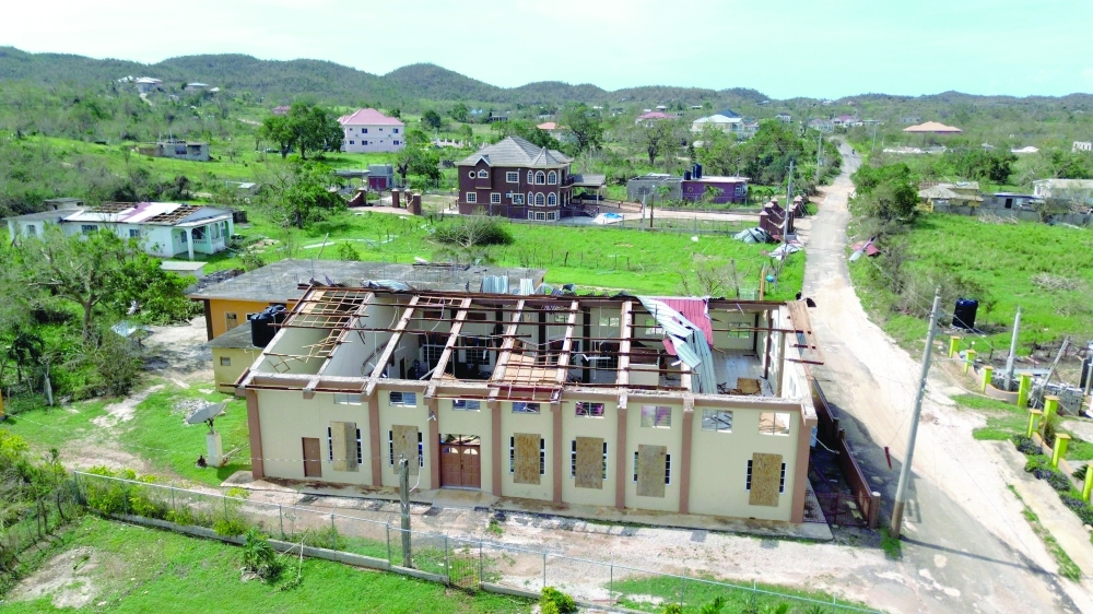 An aerial view of a damaged SDA Church following the passage of Hurricane Melissa, in Williamsfield, St Elizabeth, Jamaica. — AFP