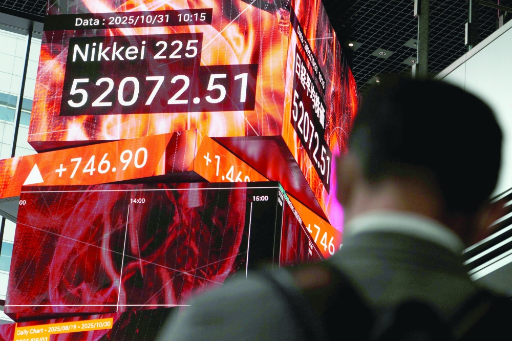 An electronic quotation board displays numbers of the Nikkei Stock Average on the Tokyo Stock Exchange in Tokyo. — AFP