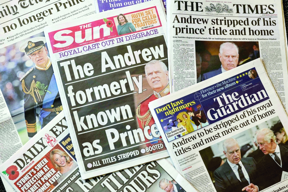 The front pages of most of Britain's national newspapers are pictured in a spread created in London dominated by stories about Andrew Mountbatten Windsor being stripped of his title of Prince, Duke of York. — AFP
