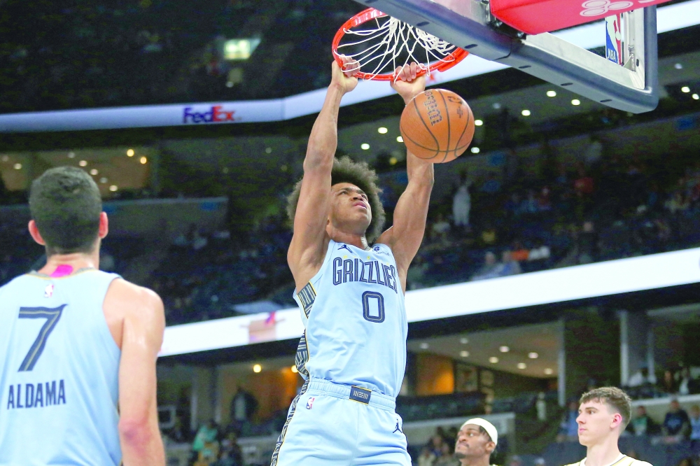 Memphis Grizzlies forward Jaylen Wells (0) dunks during the fourth quarter against the Los Angeles Lakers. — Imagn Images