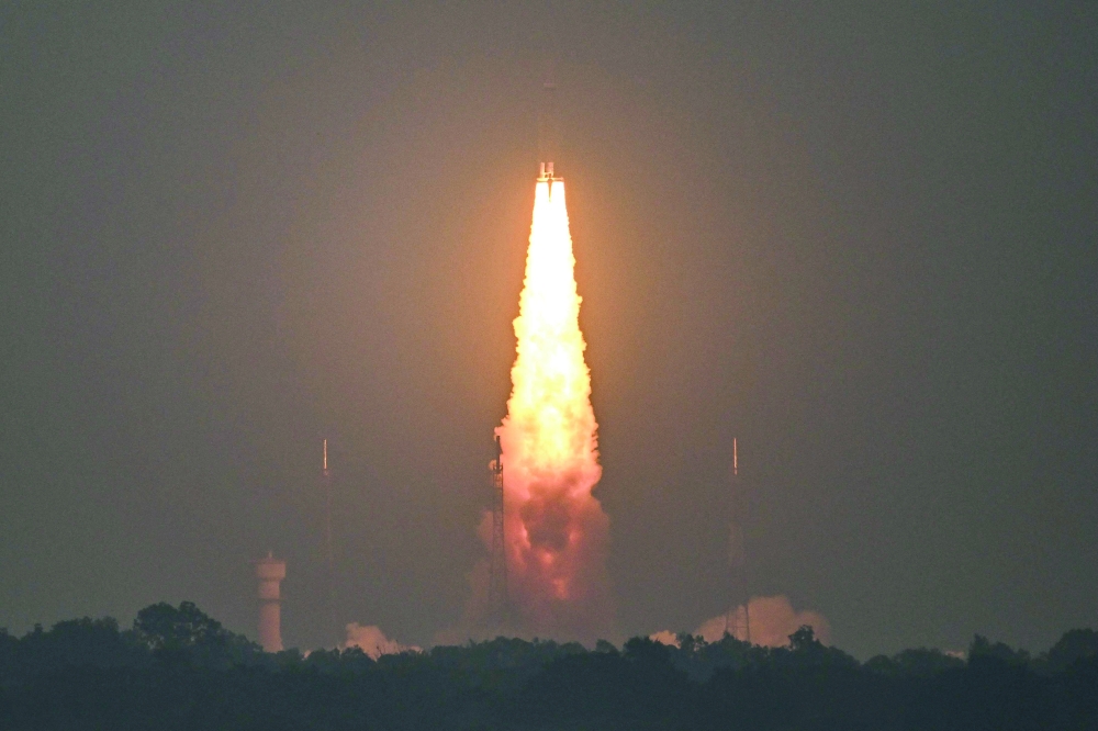 An Indian Space Research Organisation (ISRO) rocket LVM3-M5 blasts off from the Satish Dhawan Space Centre in Sriharikota. — AFP