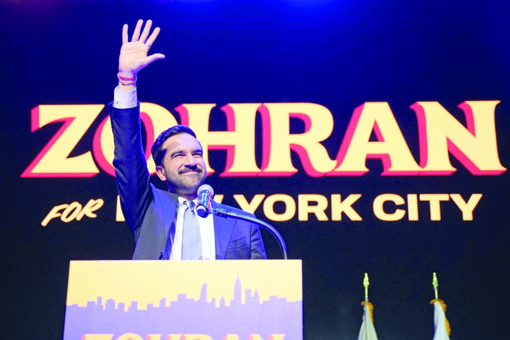 Zohran Mamdani celebrates during an election night event at the Brooklyn Paramount Theater, New York. — AFP