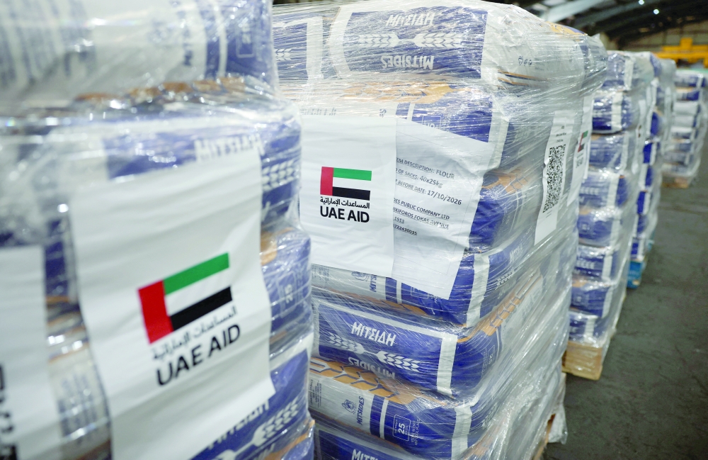 Aid donated by the UAE for the people of Gaza is stored in a warehouse at the port of Limassol, Cyprus. — Reuters