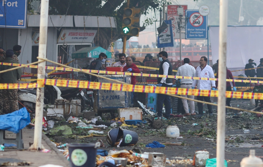 Aftermath of an explosion near the historic Red Fort in the old quarters of Delhi
